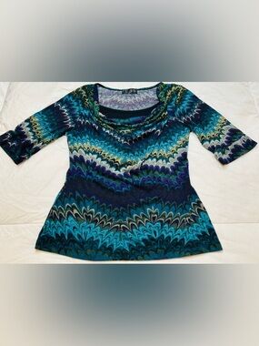 Vin JTB Teal Peacock Feather Print Cowl Neck Top Blue Black 3/4 Sleeve Blouse S